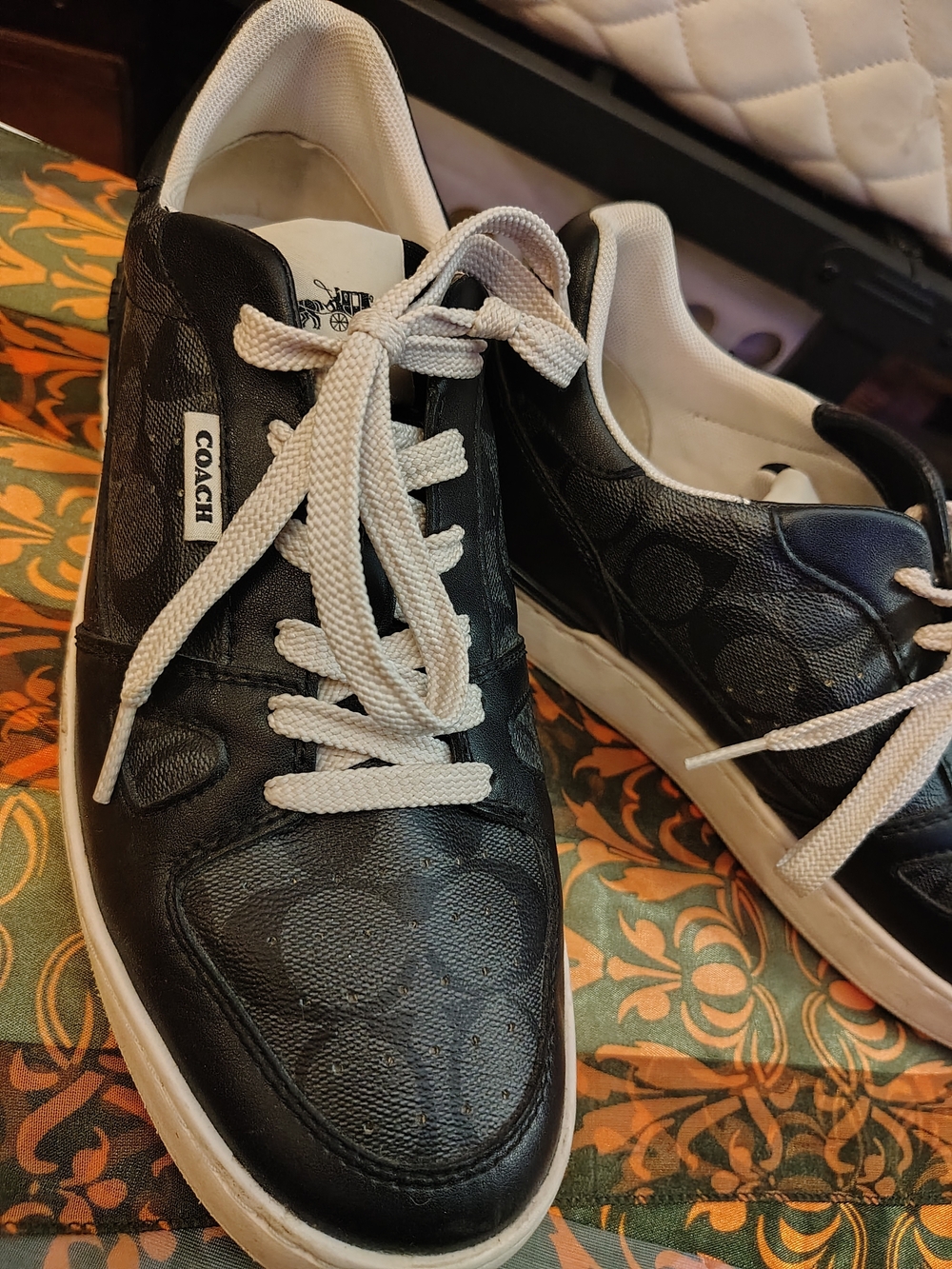 COACH Black Signature Leather Sneakers with White Laces